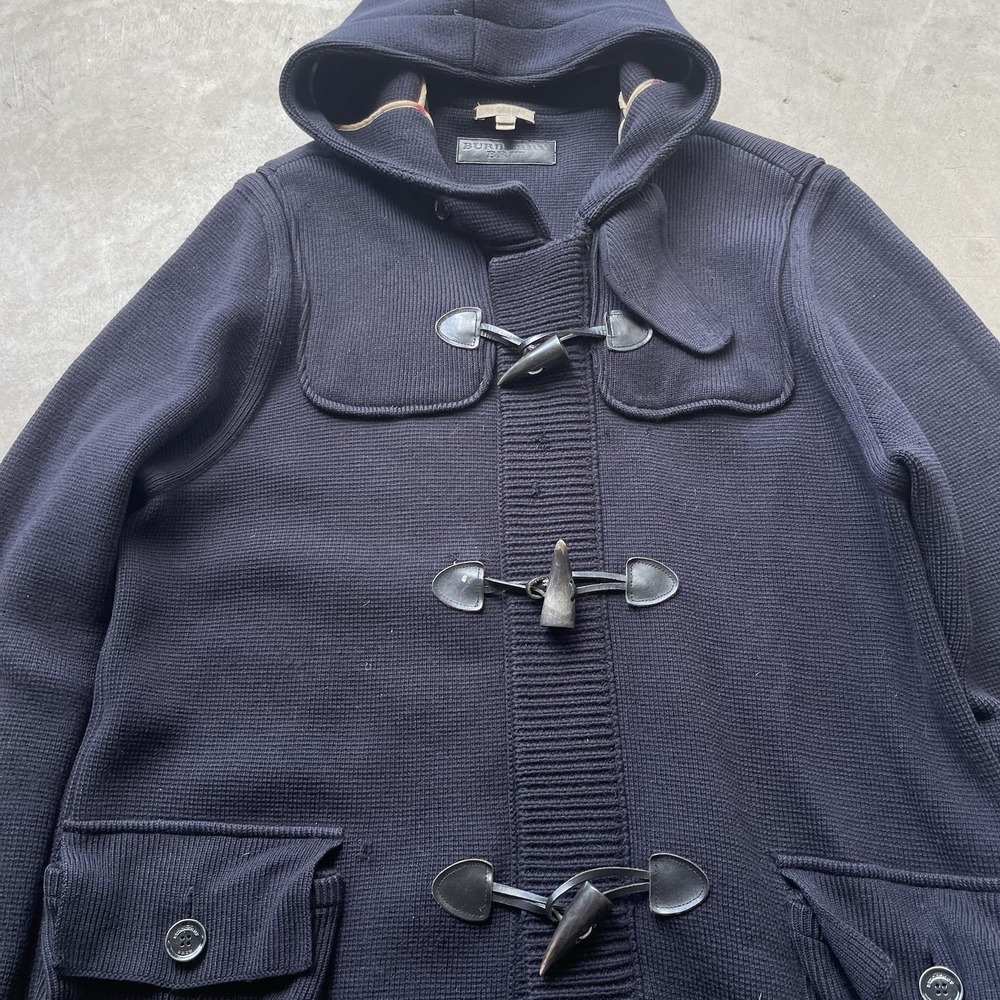 Burberry‎ Brit Merino Wool Knit Duffle Coat Navy Hooded Toggle Nova Check XL - Picture 2 of 10